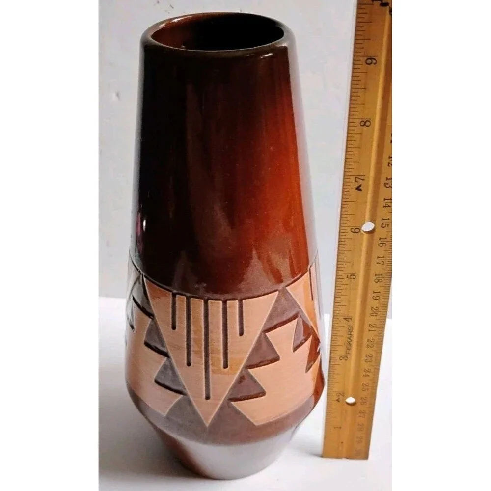Vintage Ceramita Spain Studio Pottery Sgraffito Vase Geometric Terracotta Toledo